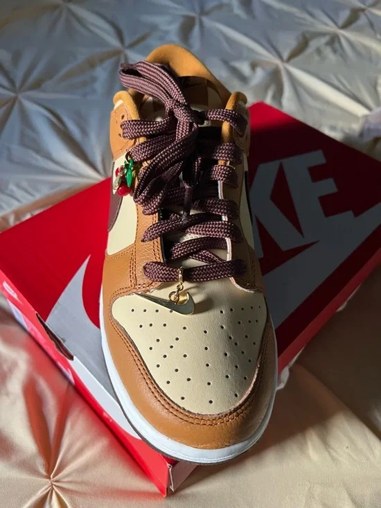 Nike Dunk Low SE Brown and Cream with Cherry Lace Charms - Picture 3 of 6